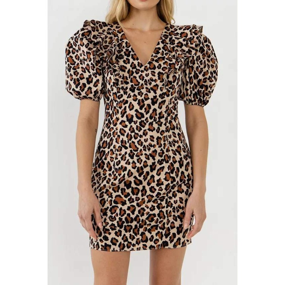 English Factory Women's Leopard Print Mini Dress Puff Sleeve Ruffle Size L NWT
